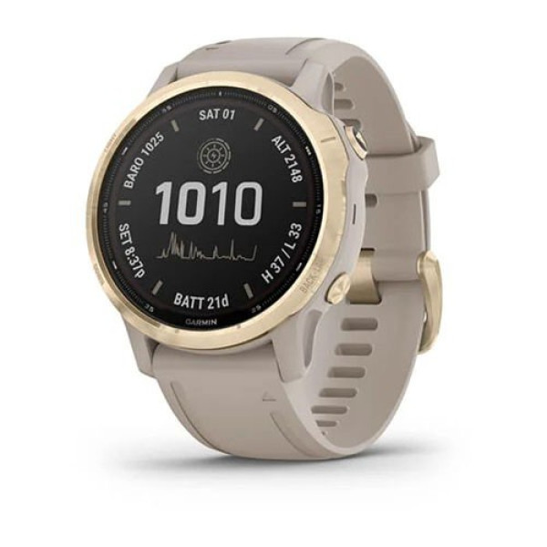 Смарт-годинник Garmin fenix 6S Solar світле золото зі світло-бежевим силіконовим ремінцем